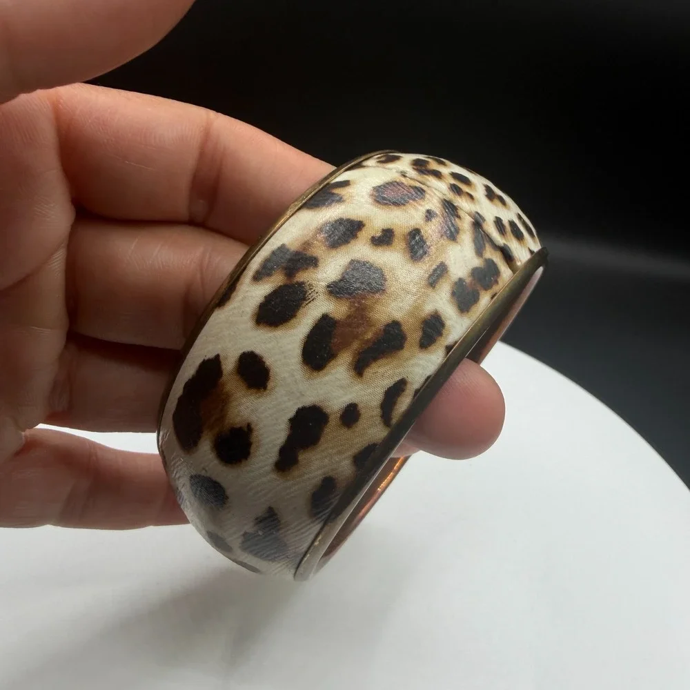 Cream Leopard Print Wide Gold Tone Bangle Bracelet Chunky Statement Y2K Gift